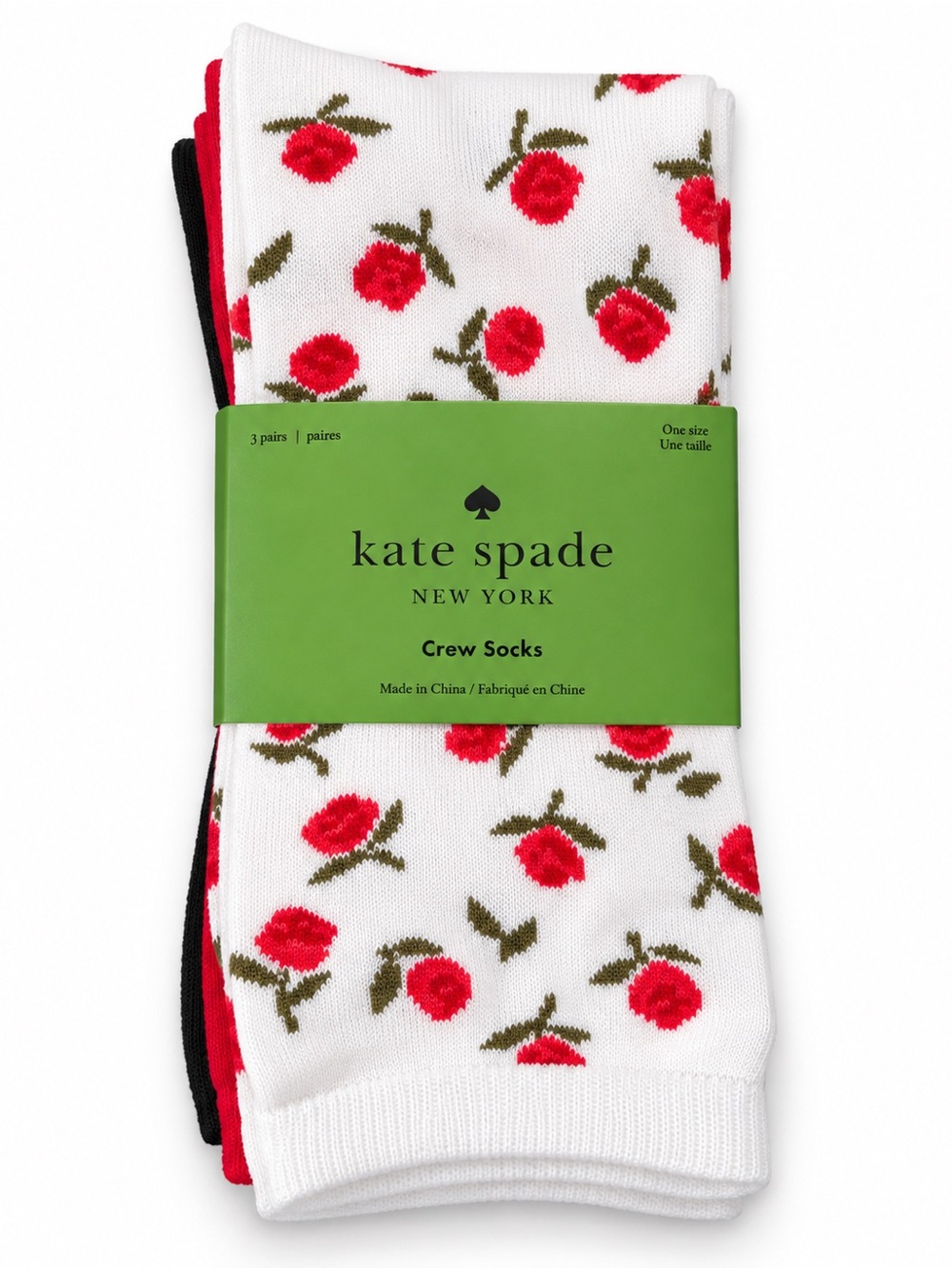 kate spade White Crew Socks with Red Rose Print (3-Pack)